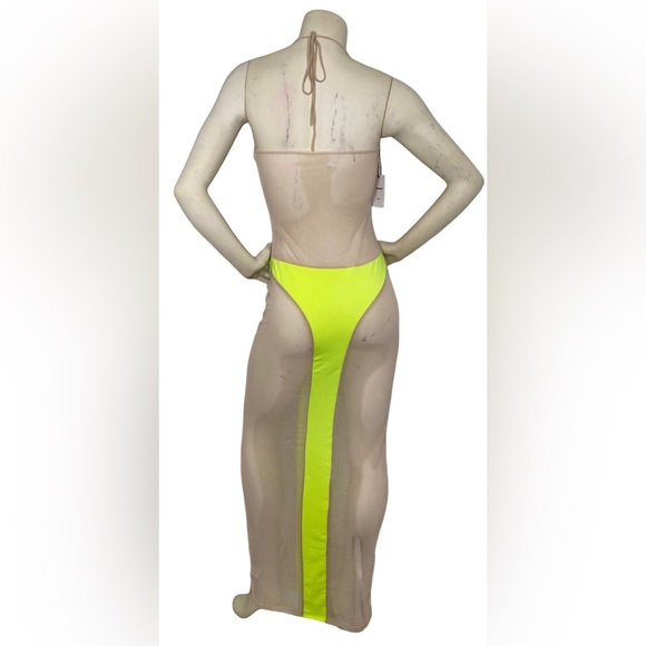 C.BRIDGETT Sexy Neon Yellow & Nude Sheer Mesh Color Block Halter Dress Cover Up - Picture 4 of 14